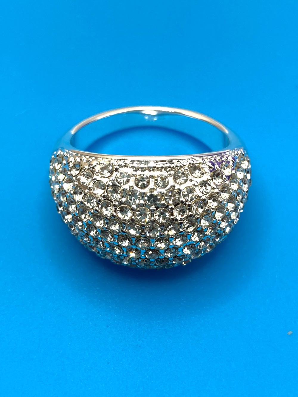 Pave Crystal Dome Silver Overlay Ring Made with SWAROVSKI Elements Sz 8